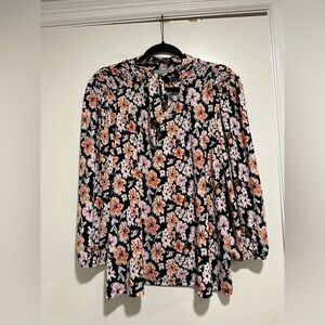 By Design Women’s Sz: XL Pink Orange Floral 3/4 Sleeve Tie Collar Blouse.